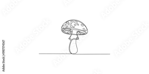 A simple line drawing of a mushroom with spots on its cap standing alone on white background