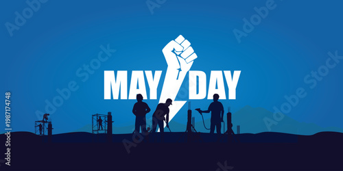 May day celebration poster with silhouette of workers and raised fist symbol on blue background