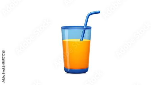 Colorful glass of orange juice with blue straw on white background