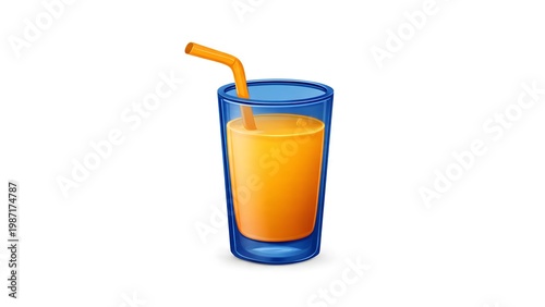 Glass of fresh orange juice with straw on white background