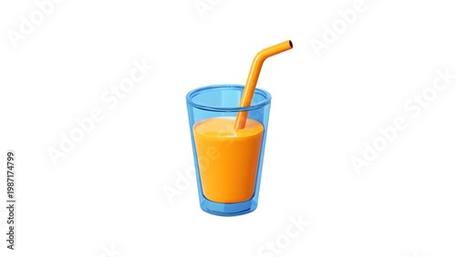 Colorful glass of orange juice with a straw on white background