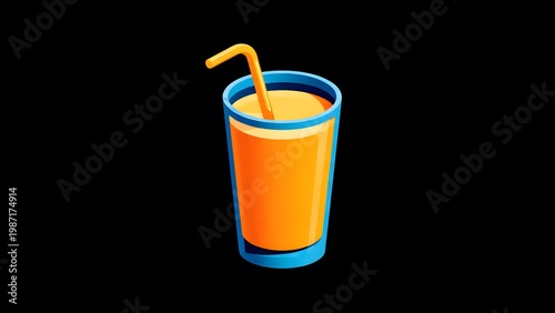 Colorful cartoon glass of orange juice with straw on black background