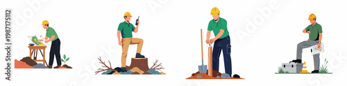Set of illustrations featuring a male construction worker or surveyor in various professional job site activities, including planning, communicating, and surveying.