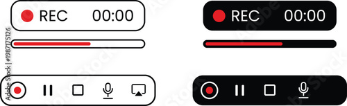 Screen recording status bars and progress indicators for multimedia applications including control icons for recording audio and display settings with modern dark and light mode UI vector.