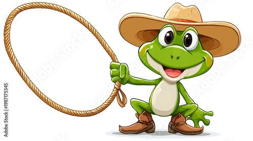 Cartoon frog character wearing a cowboy hat and boots holds a lasso, smiling cheerfully against a white background, ideal for children's illustrations and playful designs