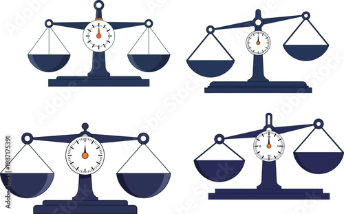 Vintage mechanical weight scale with dial and hanging pans for laboratory measurement or pharmacy apothecary balance vector illustration set