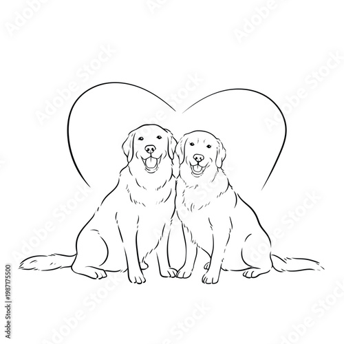 Two Golden Retriever Dogs Sitting Together Line Art Vector Illustration