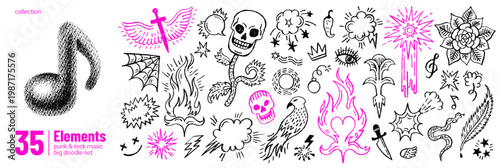 Rock punk music doodle with grunge heart fire flame skull star rose eye. Grafitti tattoo. Y2K hand drawn punk rock emo icon. Vector line and halftone sticker set for music design, tattoo, graffiti art