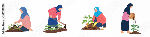 Set of illustrations depicting Muslim women in hijabs engaged in various agricultural activities like planting, tilling soil, and harvesting potatoes in a garden.