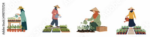 Set of Muslim Women in Hijab Gardening and Watering Plants, Traditional Asian Style Flat Illustration