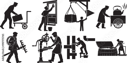 Collection of Vintage Industrial Worker Silhouettes Featuring Manual Labor Trades such as Porter, Machinist, Plumber, Window Cleaner, and Street Vendor in Retro Style