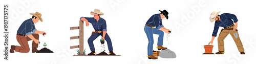 Set of cowboys and farmworkers engaged in planting and soil preparation activities in a flat illustration style.