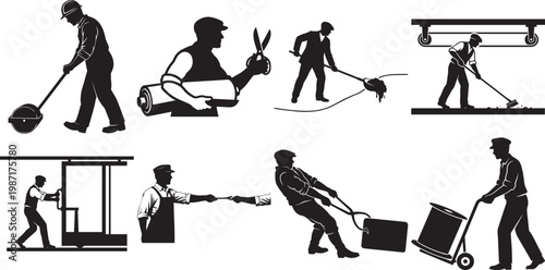Collection of Vintage Style Industrial Worker Silhouettes Featuring Laborers and Craftsmen in Manual Manufacturing Roles