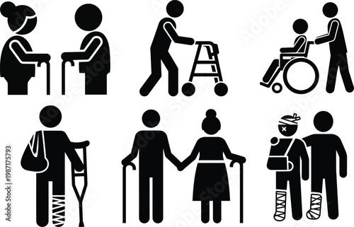 Elderly and disabled people icons set, senior citizens with mobility aids, injured patients with crutches and wheelchair vector illustrations