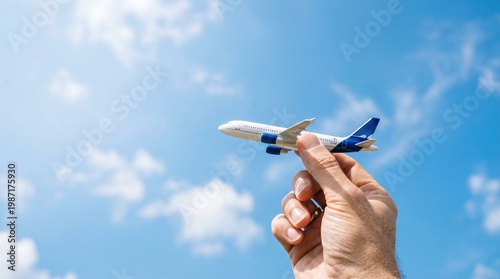 Toy airplane in hand against blue sky with clouds. Travel, tourism, and vacation concept. Dream of flight and freedom. Aviation business, airline transportation, and holiday booking concept.