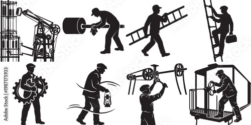 Collection of Vintage Industrial Worker Silhouettes featuring Laborers, Engineers, and Mechanics with Machinery and Tools for Manufacturing and Construction