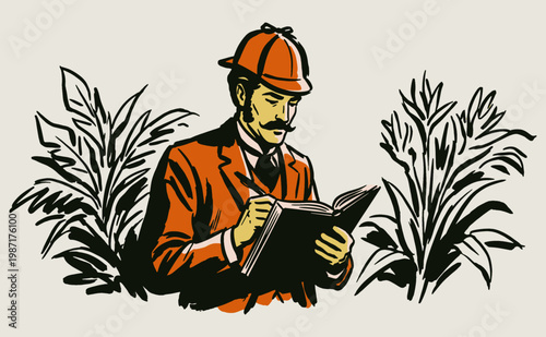 Vintage detective explorer writing in journal illustration. Retro detective in nature graphic for t-shirt print, poster, and sticker.
