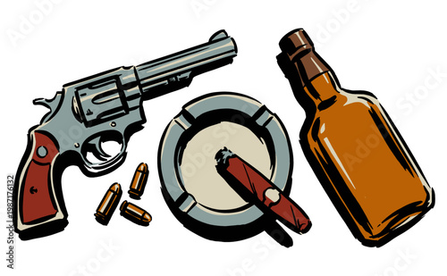 Vintage noir style illustration of revolver gun, bullets, ashtray with cigar, and whiskey bottle. Detective or outlaw theme graphic design.
