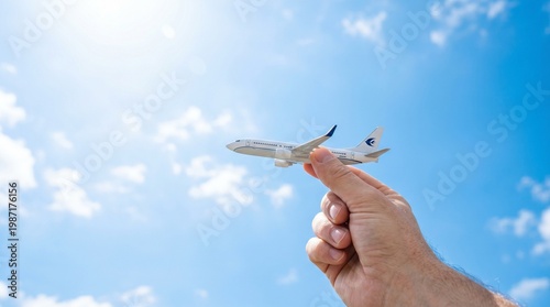 Toy airplane model held by hand against bright blue sky with sun. Air travel industry and international flight transportation concept. Vacation dream and aviation business symbol.