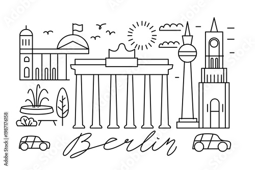 Berlin City Skyline Outline Illustration With Famous German Landmarks Including Brandenburg Gate, Reichstag, and TV Tower Under Sightseeing Culture