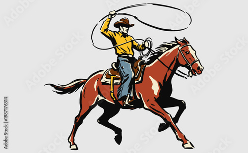 Cowboy riding horse with lasso vintage design for t-shirt print, poster, sticker and more. Wild West rodeo adventure graphic.