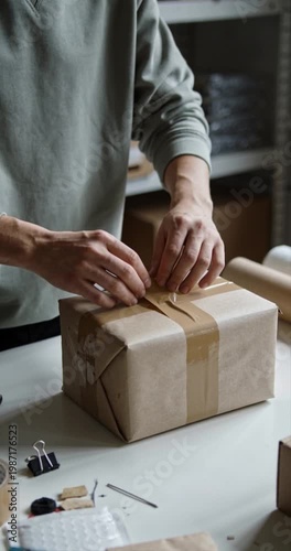 Person wrapping package on a table with paper and tape close up