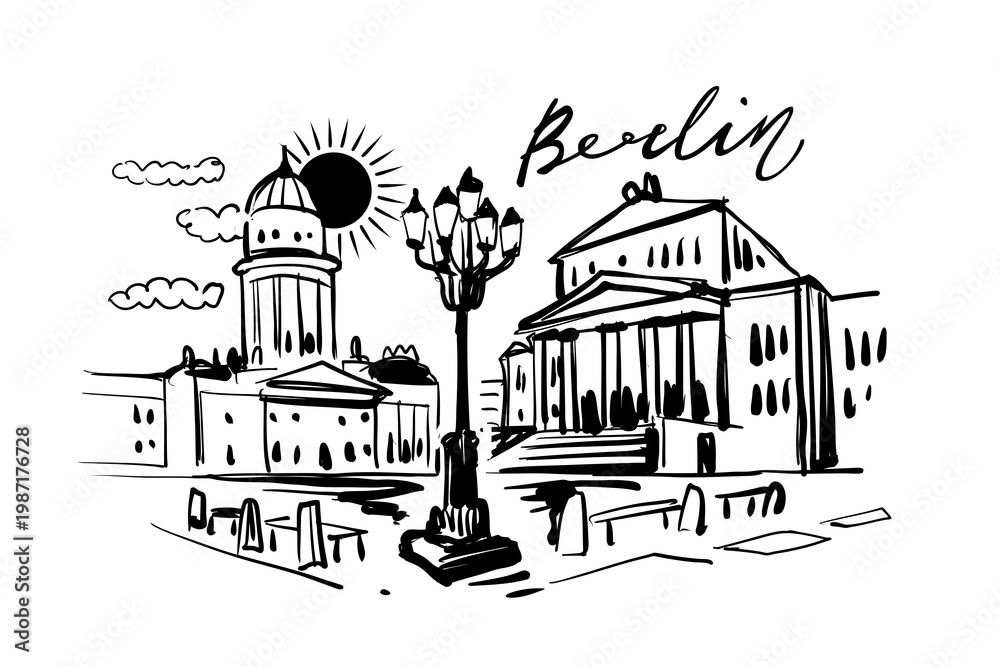 Naklejka premium Berlin Gendarmenmarkt Sketch Featuring French Cathedral, Konzerthaus, a Classic Streetlamp, and Cheerful Sun With Clouds, Capturing the Daytime Scene of This Famous German Capital Plaza