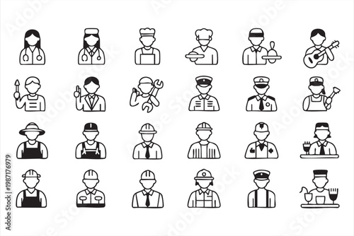People Occupation Icons Featuring Healthcare Service and Skilled Workers