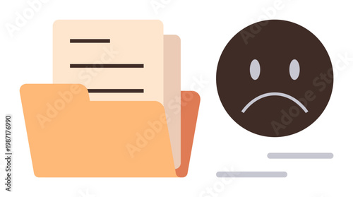 Data loss, mismanagement, communication breakdown, negative feedback, document errors, file concerns. Open document folder next to sad face icon. Data loss and document errors concept