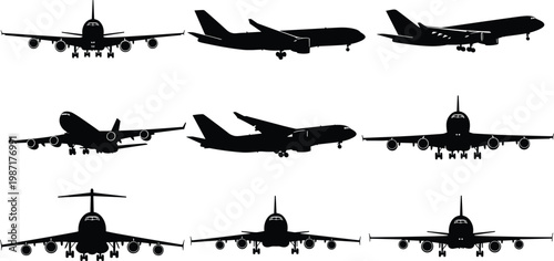 A comprehensive set of black airplane silhouettes featuring various commercial jets in flight and landing positions for aviation design, travel industry, and SEO maintain