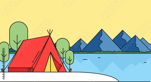 Camping scene illustration with tent trees mountains and water outdoors environment