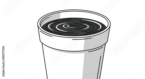 White disposable cup filled with a dark liquid that has circular ripples on its surface as if disturbed by a drop or vibration in still life.