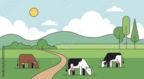 Cartoon cows grazing in a green field under a blue sky