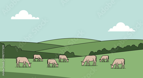 Cartoon cows grazing in a green meadow under a blue sky