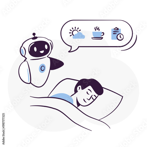 AI Robot Assistant's Personalized Morning Briefing for Sleeping User