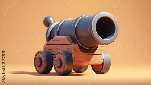 3D rendering of a vintage wooden toy cannon on orange background