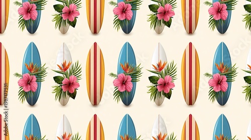 Colorful surfboards with tropical flowers and greenery arranged in a repeating pattern on a light beige background, ideal for summer-themed designs and decorations