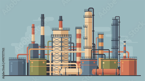 Industrial oil refinery with storage tanks pipelines and processing towers showing petrochemical production energy infrastructure and heavy industry concept