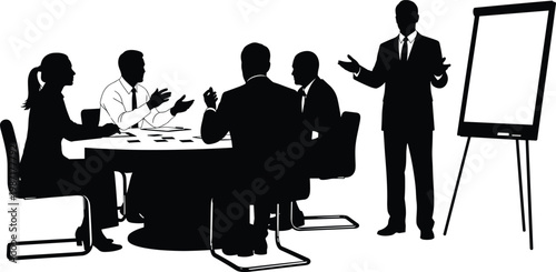 A professional black silhouette vector illustration of a business team having a meeting around a table with a speaker presenting for SEO maintain
