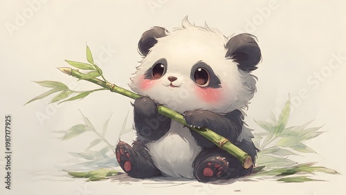 Adorable baby panda holding bamboo in a cute cartoon style