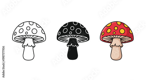 Set of three mushroom icons showing an outline version, a solid black silhouette, and a fully colored red and yellow version on white background.