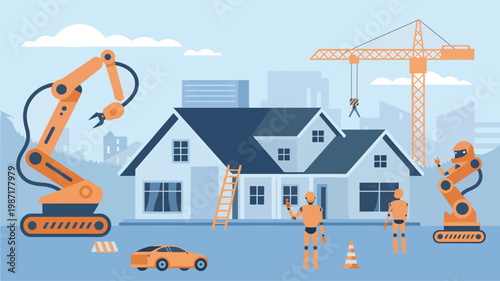 Robots and heavy machinery are constructing a suburban house with a crane, a flat construction building