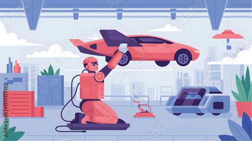 Orange robot kneeling in a futuristic hangar holding a red flying car with wings, city background