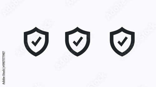 Three simple shield icons with checkmarks, rendered in black, on a clean white background