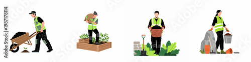 Professional gardeners and landscapers performing various outdoor tasks like planting, transporting soil, and yard maintenance in a clean flat vector illustration set.