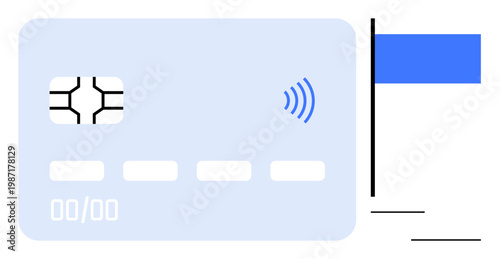 Digital transactions, contactless payments, e-commerce, financial services, mobile banking, secure money transfer. A card with an EMV chip and wireless symbol. Digital transactions and contactless