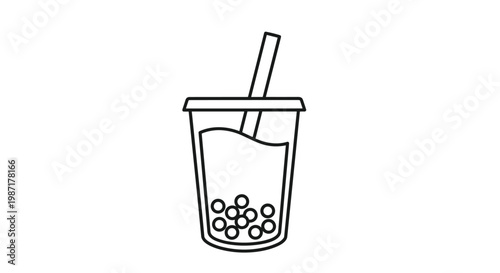 Minimalist black and white line art illustration of a bubble tea cup with a straw and tapioca pearls at the bottom on a plain white background.
