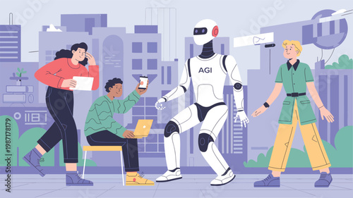 People interacting with an AGI robot in a city, flat with an urban background, artificial intelligence