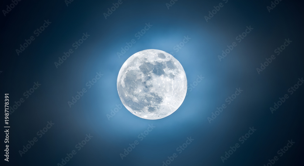 Fototapeta premium Glowing full moon in dark blue space with radiant light effect. Generative AI