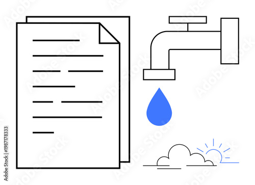 Water conservation, sustainability, efficient usage, natural resources, resource management, informative services. Minimalistic faucet illustration with a blue water droplet, document, and clouds